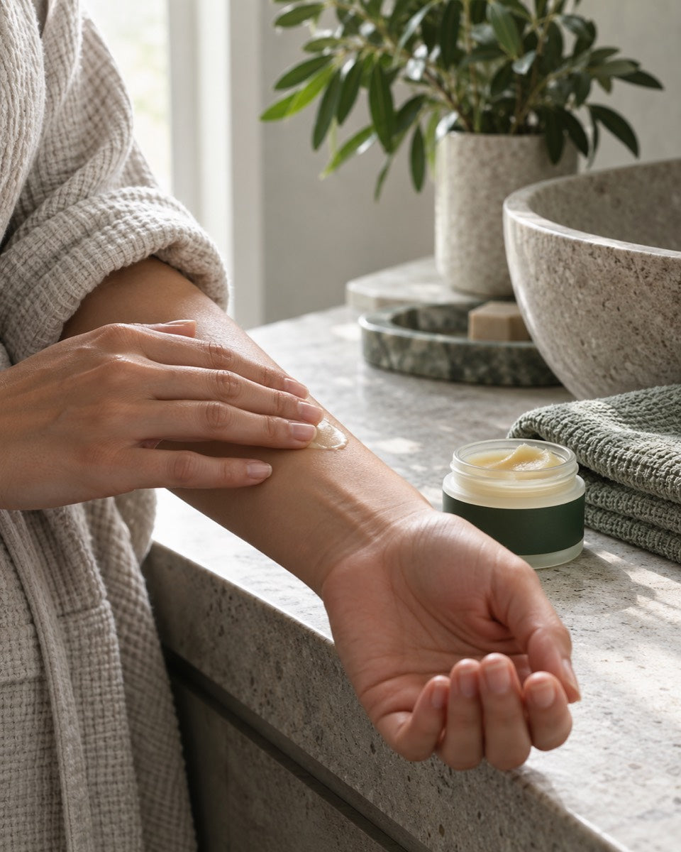 Topical balm beside an open jar