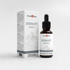 Emballage til cannabisproduktet Zermatt Balance med flaske og æske på lysegrå baggrund
