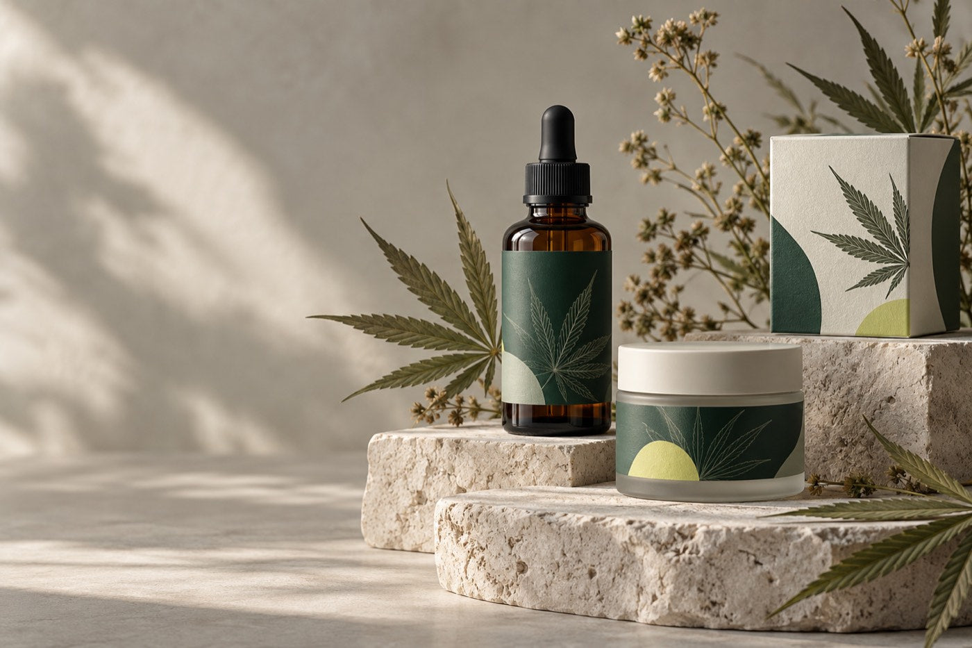 Topical CBD products on pale stone